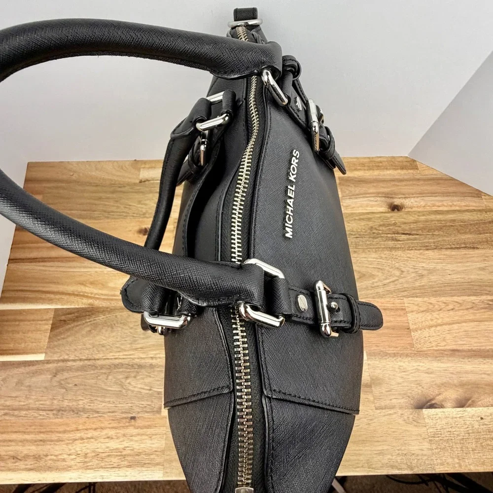 Michael Kors Ciara Satchel Black Saffiano Leather Silver Hardware Handbag